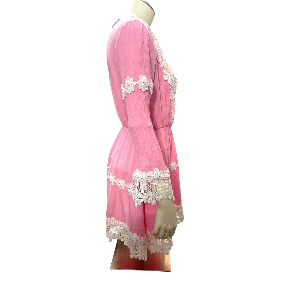 CCC Daisy Lace Trim Long Sleeve Pink Boho Dress Floral Cotton Embroidery Size LG - Picture 3 of 11
